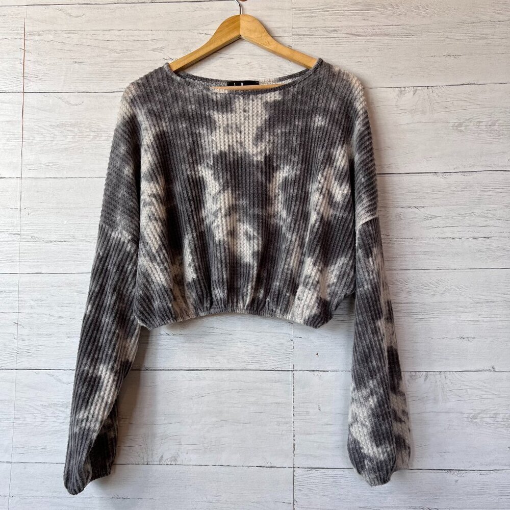 Lulus Top SZ Large Majorly Cozy Grey Tie Dye Waffle Knit Long Sleeve Crop Boho